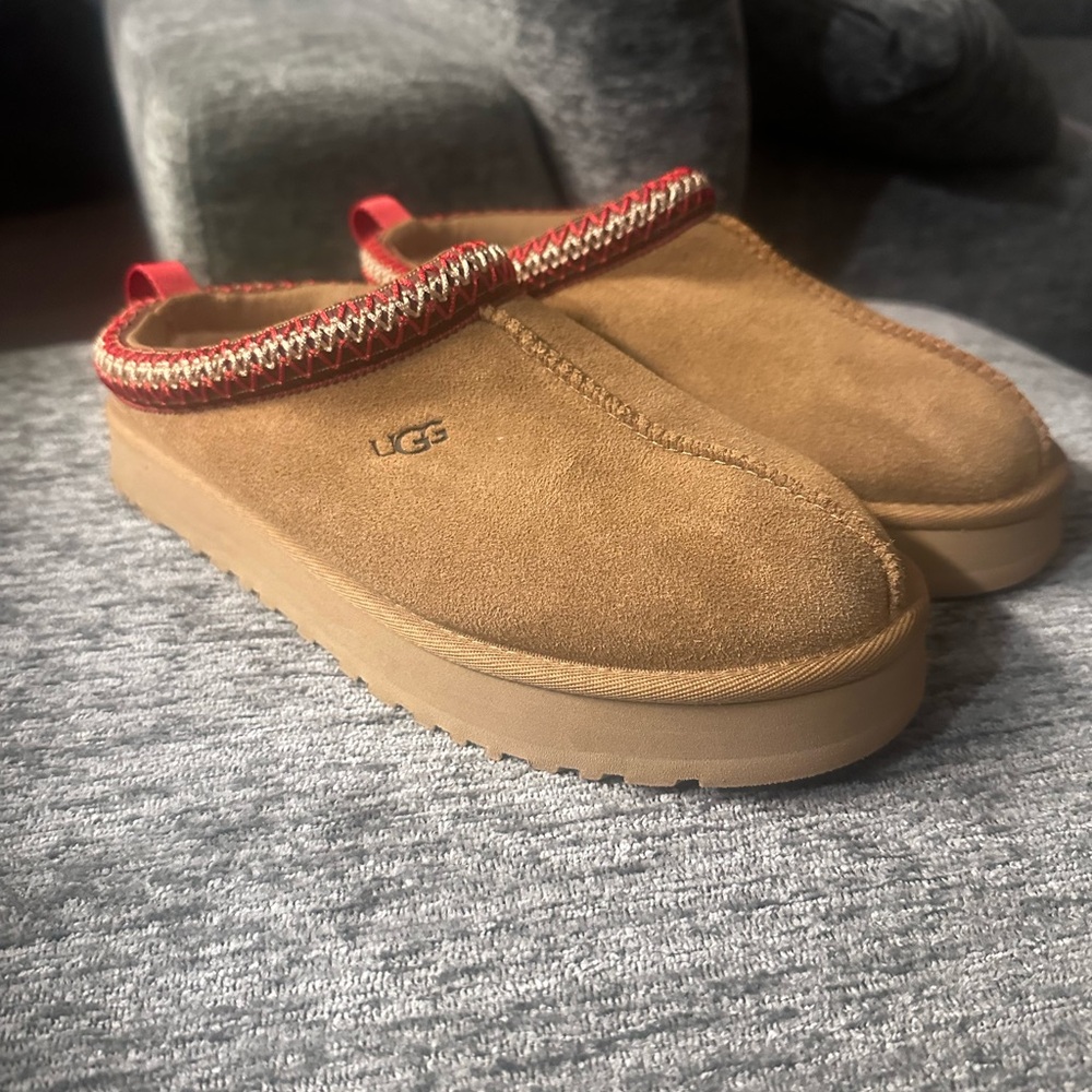 UGG Brown Suede Slip-Ons with Red Trim
